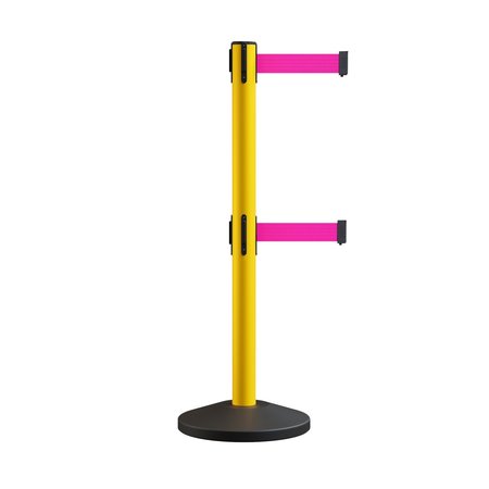 MONTOUR LINE Retractable Dbl Belt Rolling Stanchion, 2.5in YW Post  9' Fl.Pnk Belt MS630D-YW-FPK-90